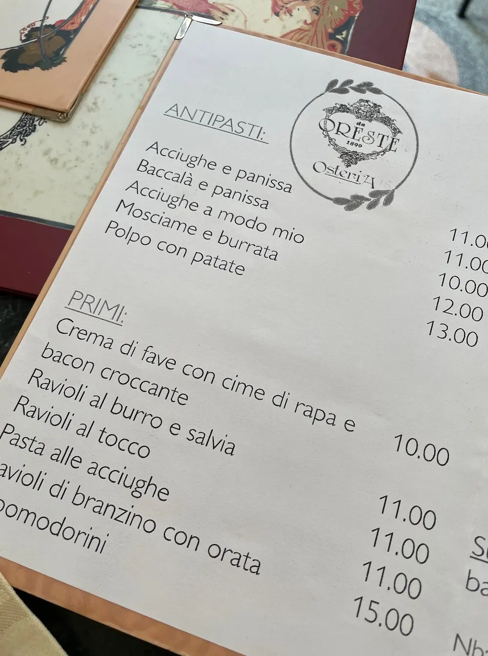 De menukaart bij Da Oreste